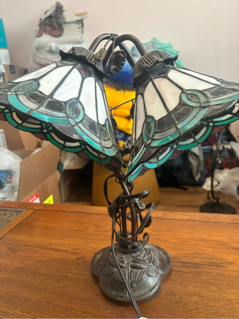 Vintage Tiffany-Style Bronze Table Lamp with Teal and White Stained Glass Shades